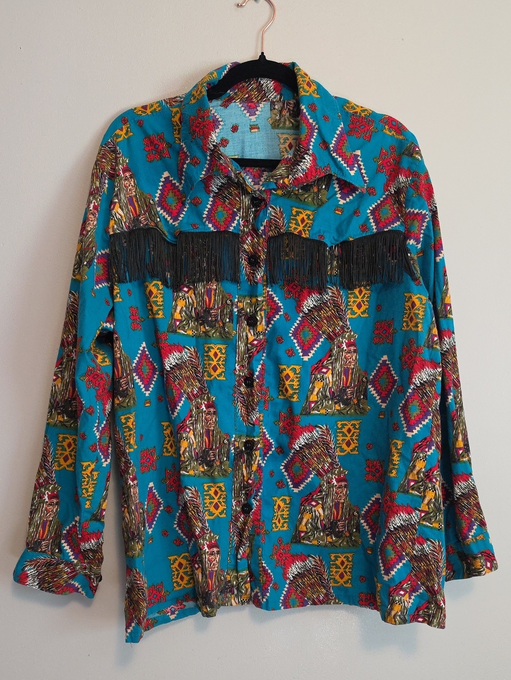 Turquoise Western Fringe Button-Up Shirt with Multicolor Native Print
